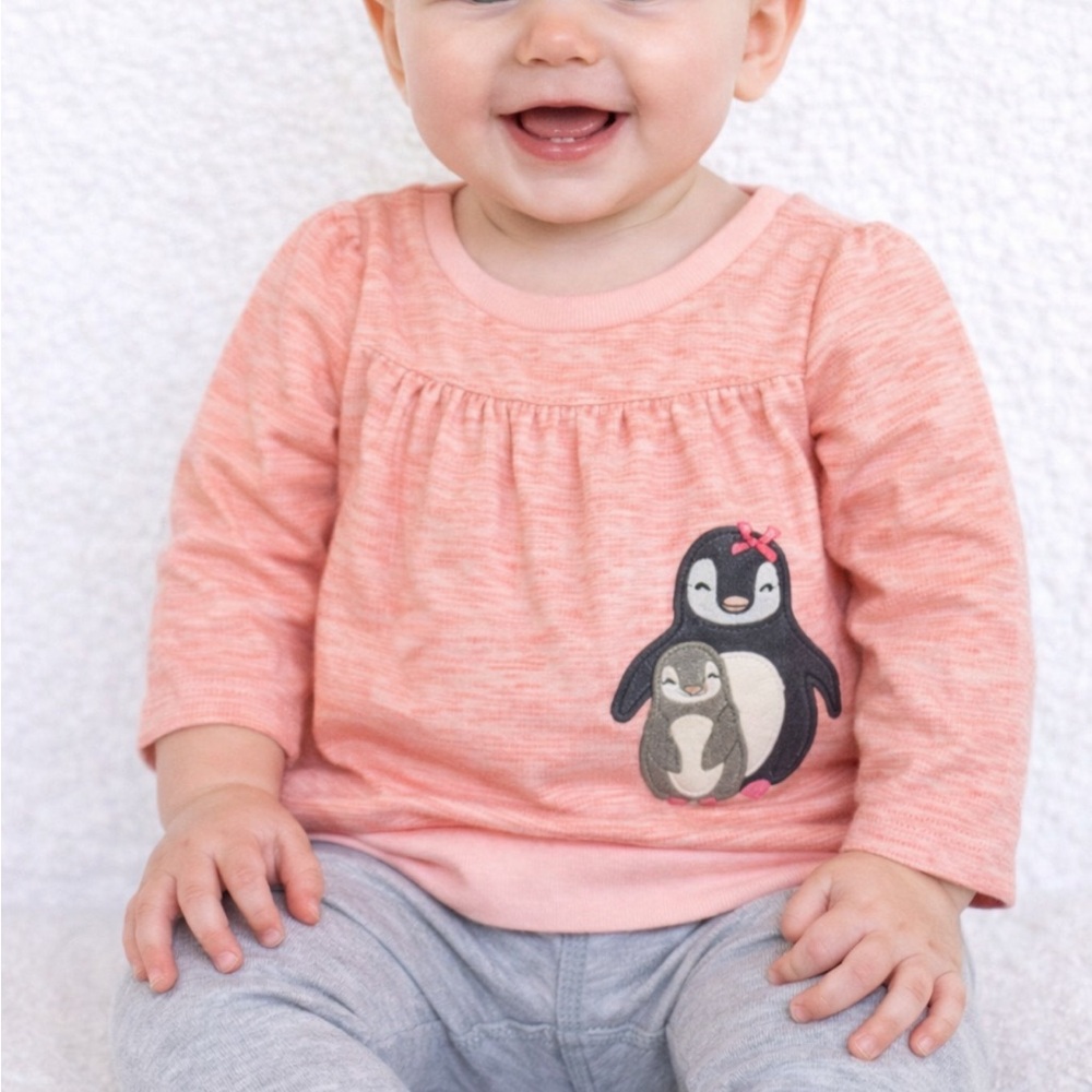 Carter’s baby girl blush pink fleece penguin top size 6M